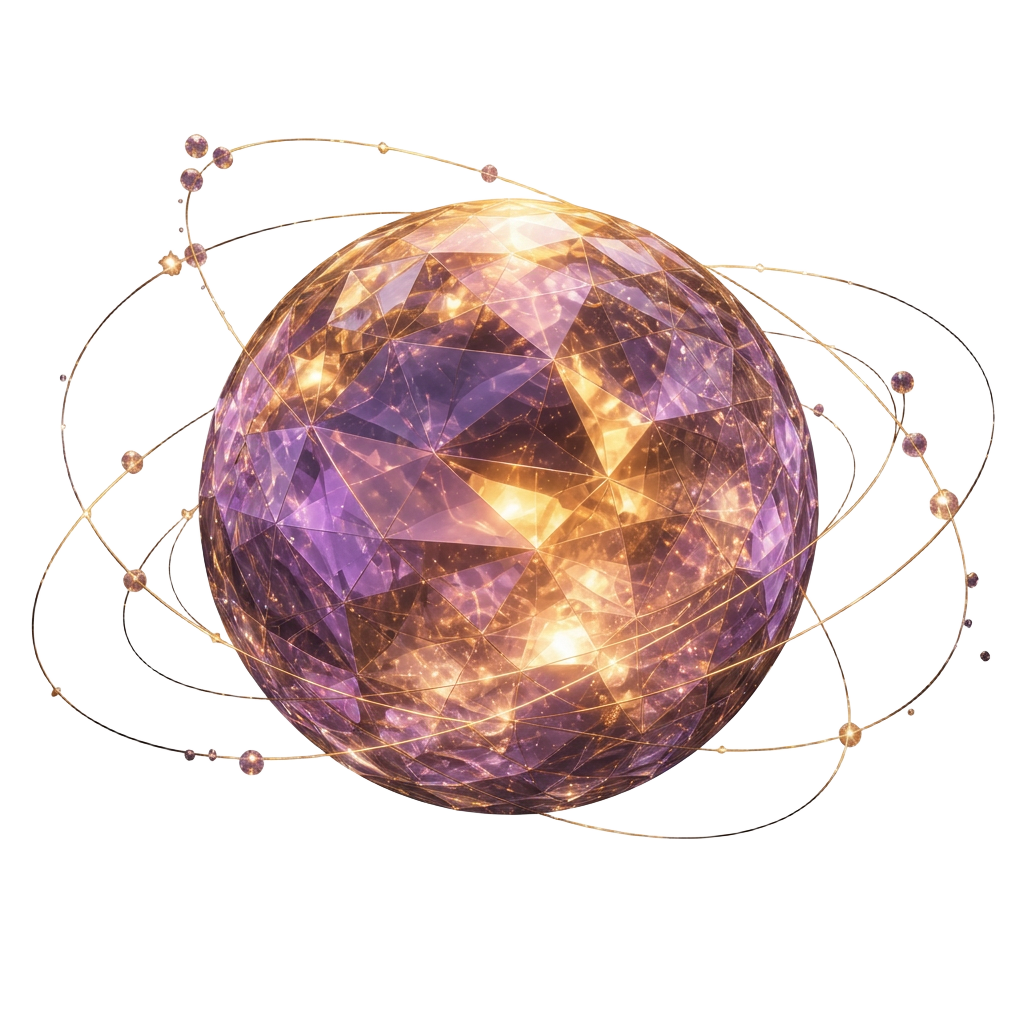 Faceted crystal planet with golden orbital rings